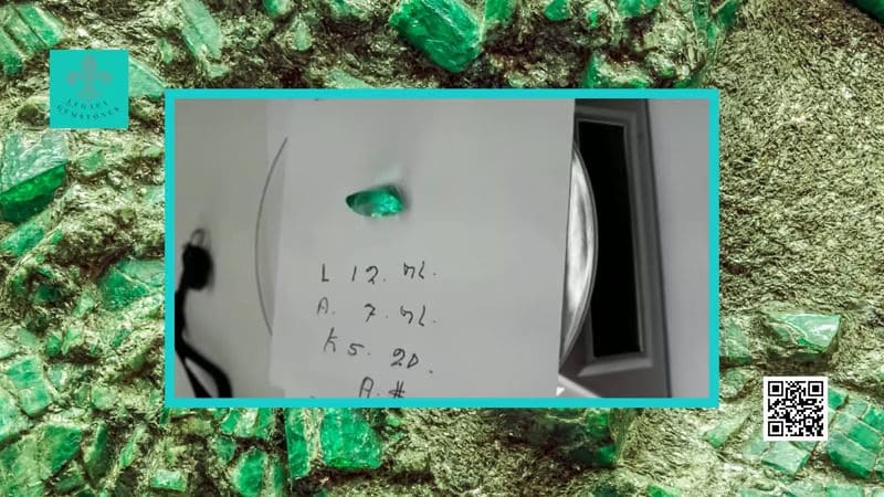 A piece of paper with handwritten mathematical notations, a green crystalline object, and an oval mirror, surrounded by a textured green background with a qr code.