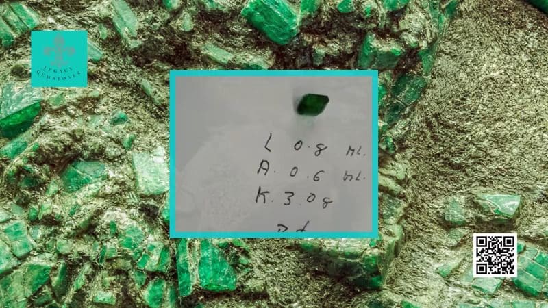 A close-up of green gemstones with a white note showing handwritten chemical components and a logo with qr code in the corner.