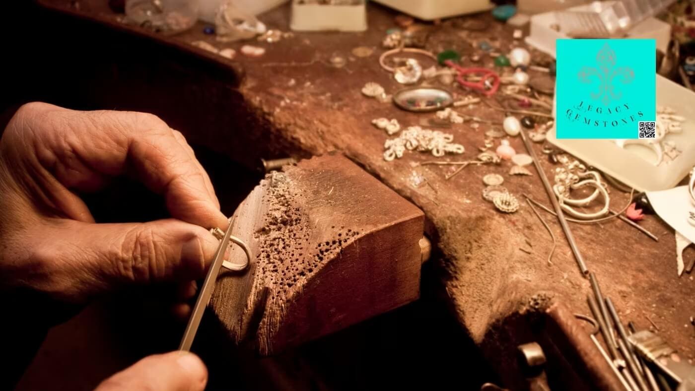 An elderly person's hands expertly crafting jewelry on a cluttered workbench, with tools and various small metal parts scattered around.