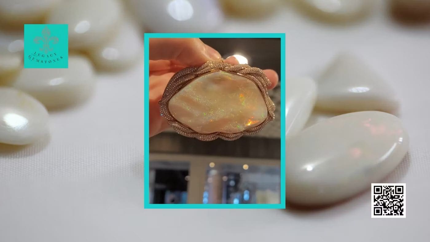 Hand holding a very big luminous, iridescent Crystal Opal against the light