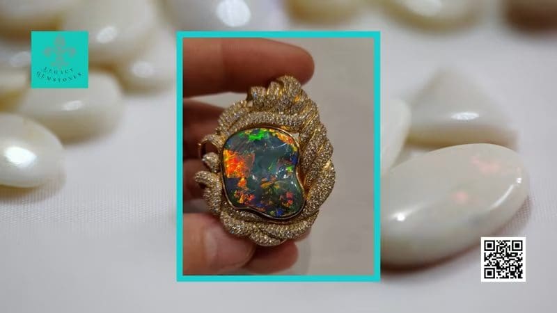 A hand holding a large, ornate Black Australian Opal with a gold setting, surrounded by diamonds.