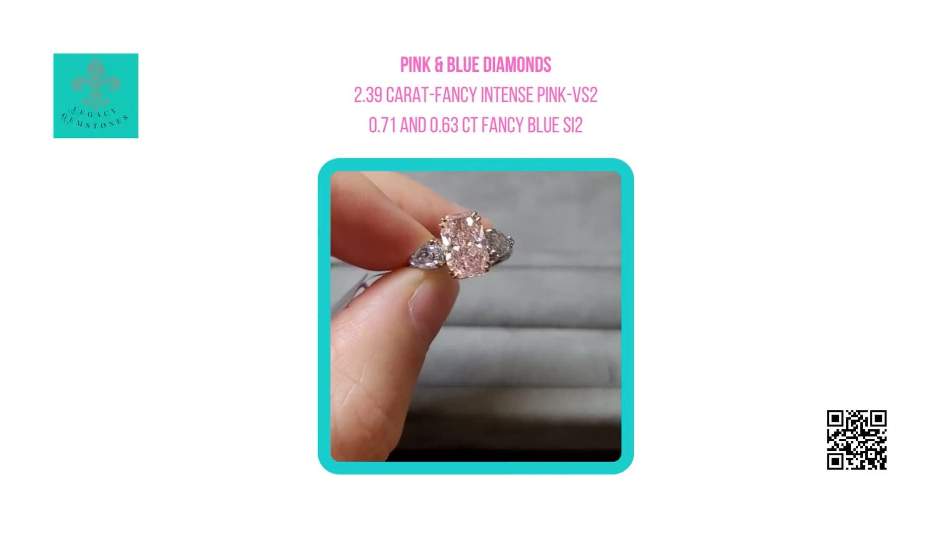 A hand holding a ring with a 2.39-carat fancy pink diamond and additional fancy blue diamonds, against a blurred background.