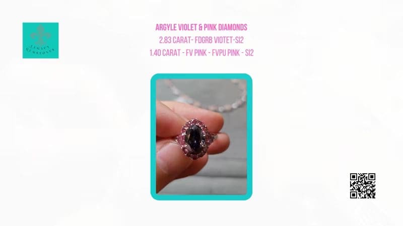 A hand holding a ring featuring argyle violet 2.83 ct and pink 1.40ct diamonds, with detailed specifications listed on the left side and a qr code on the right.