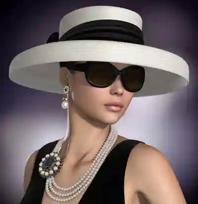 An elegant woman in oversized sunglasses, wearing a wide-brimmed black and white hat, black outfit, and adorned with pearl necklaces and a large jeweled earring.