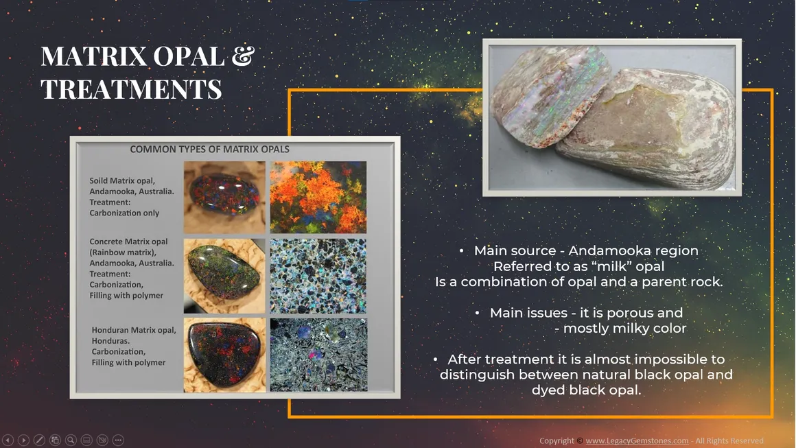 An infographic explaining matrix opal and its treatments including "solid matrix opal," "matrix opal treatments," and an australian source map, with photos and text descriptions.