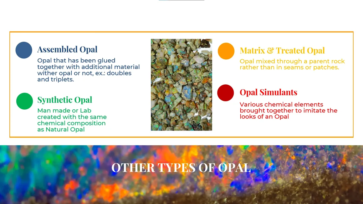 Educational graphic showing types of opal, including synthetic and treated versions, with text descriptions and visual examples.