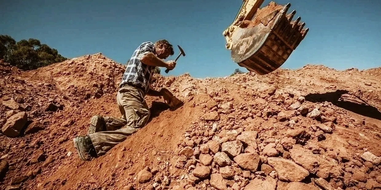 A man in a plaid shirt and jeans uses a pickaxe on rocky soil near a large excavator under a clear blue sky.