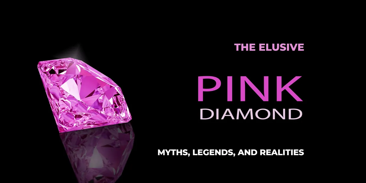 Promotional image featuring a large pink diamond on a black background with text "the elusive pink diamond - myths, legends, and realities.