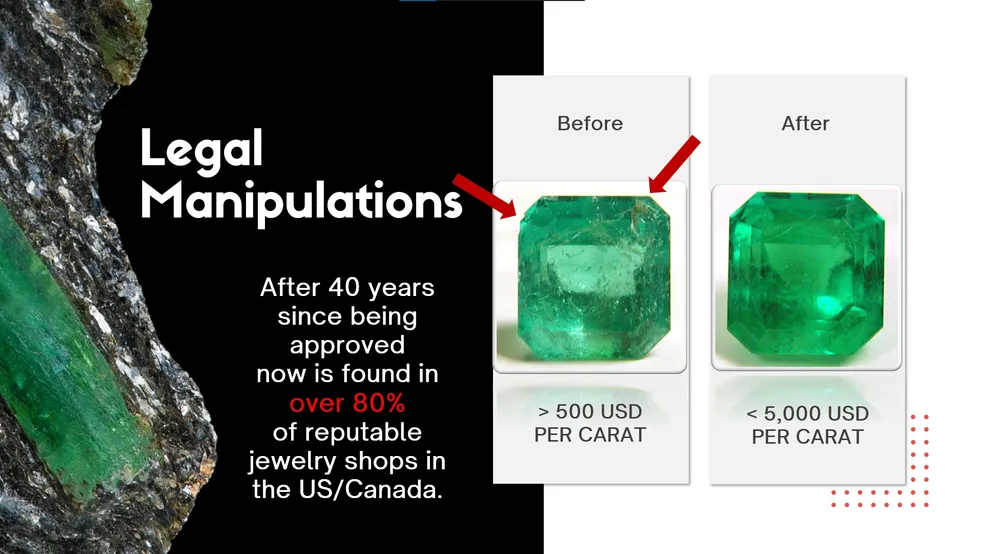 Slide comparing a rough emerald before and after treatment, with text about the legality and prevalence of gem manipulations, beside an image of a tree bark.