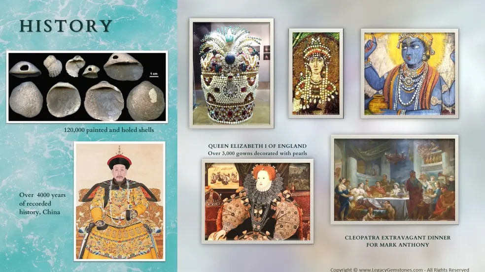 A collage showing historical artifacts and figures, including ancient painted shells, ornate decorations, queen elizabeth i, and a traditional chinese robe, with descriptive captions.