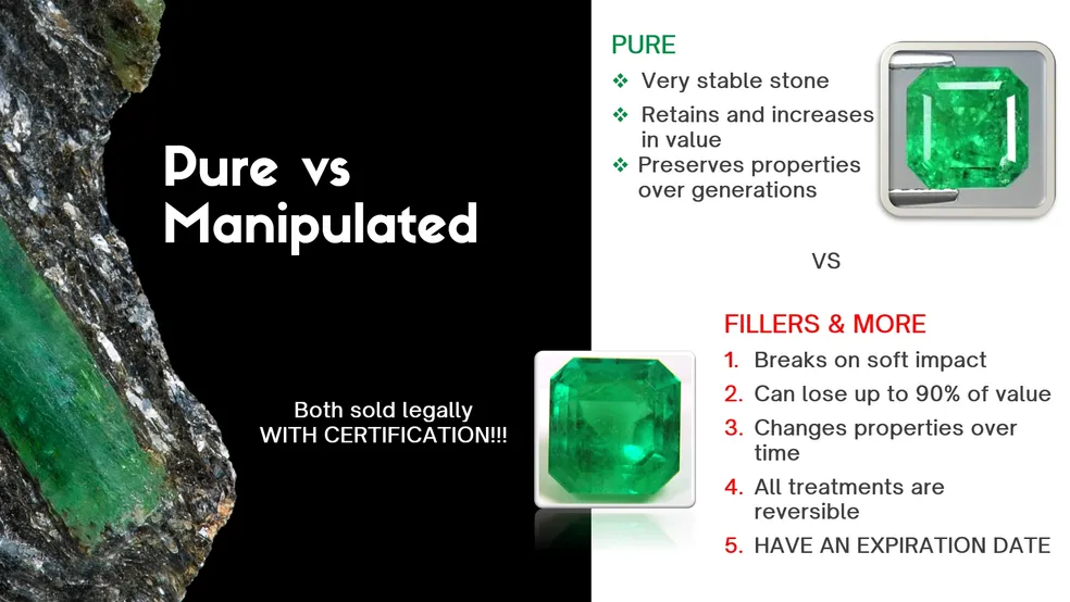 Slide comparing pure and manipulated gemstones, listing benefits of pure stones and downsides of manipulated ones, with images of a natural stone and a green gem in a case.